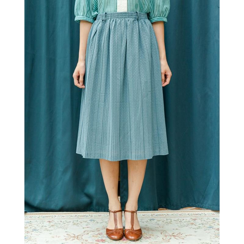 Vintage Japanese Elastic Waist Band Turquoise Textured Fabric Pleated Skirt (MT1606-21)
