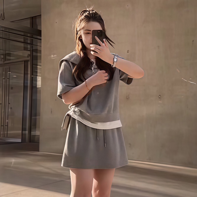 B264(16355) 韩版细闪假两件设计感拉链海军领上衣与短裙灰套装