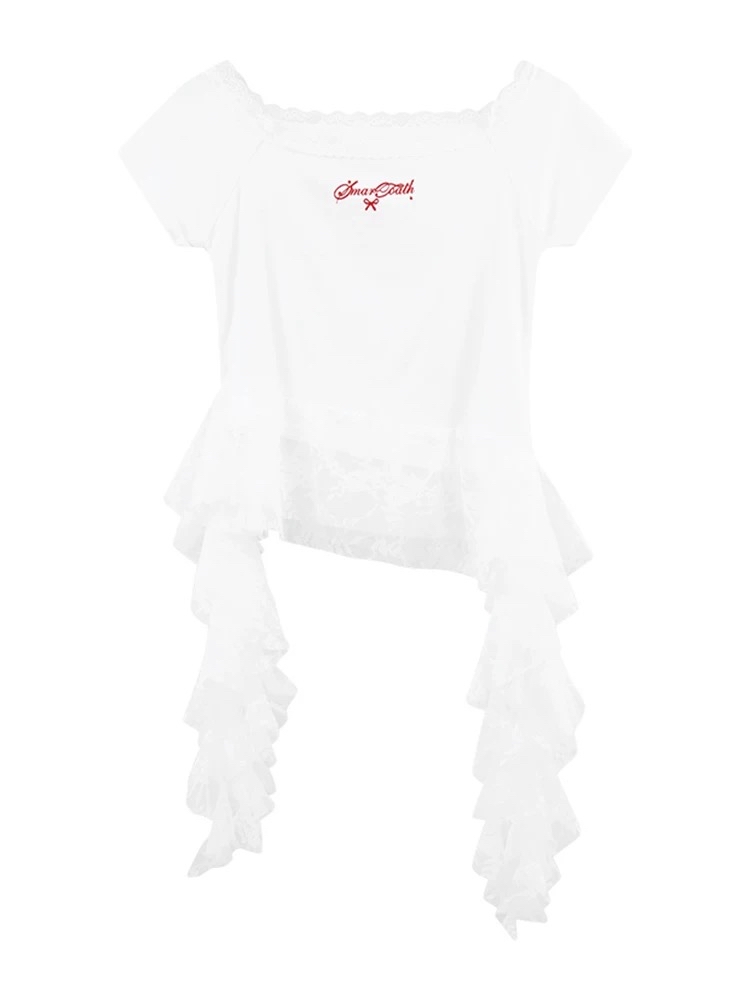 美式辣妹风不规则蕾丝飘带短袖｜CN01240900WHITE