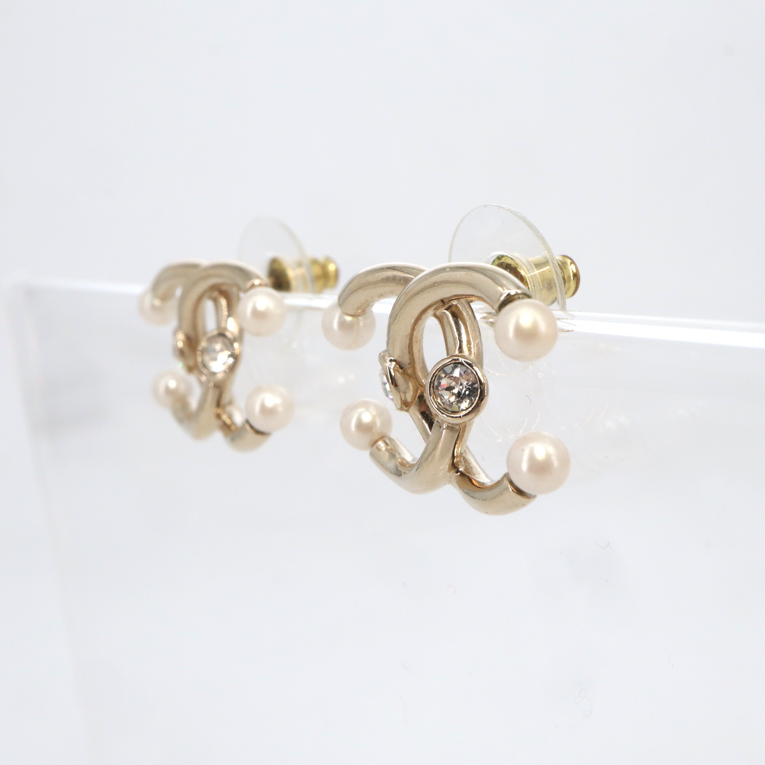 Chanel Coco Mark Rhinestone Faux Pearl Piercing Earrings