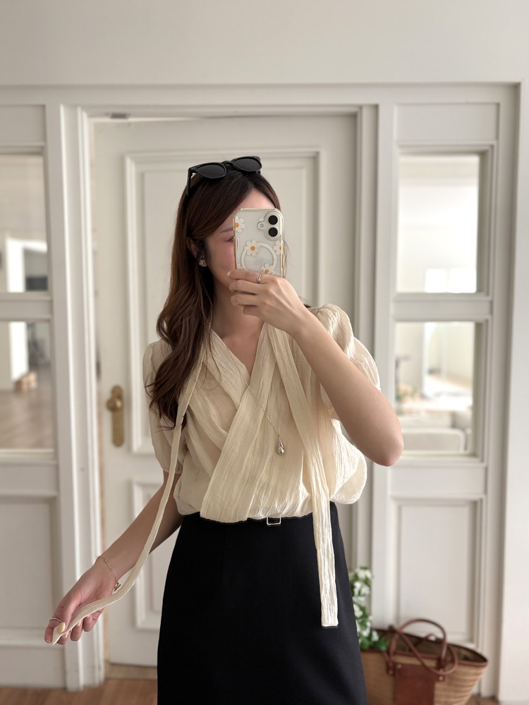 Louise Wrap Blouse with Tie (Cream)