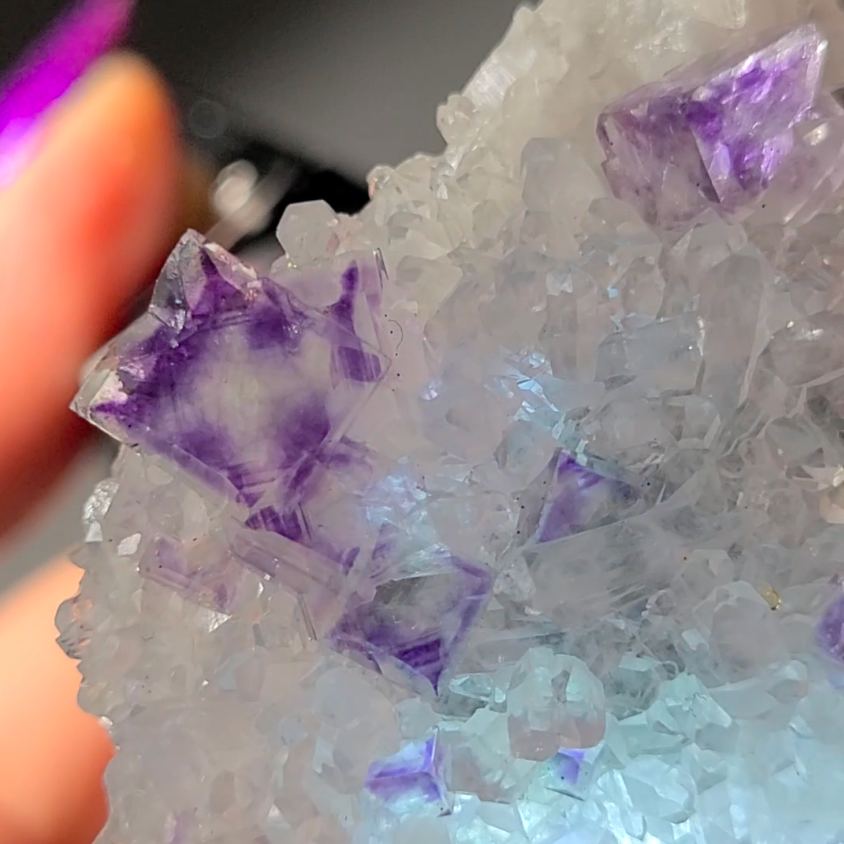 Blue and purple cubic fluorite on baby quartz - FL142