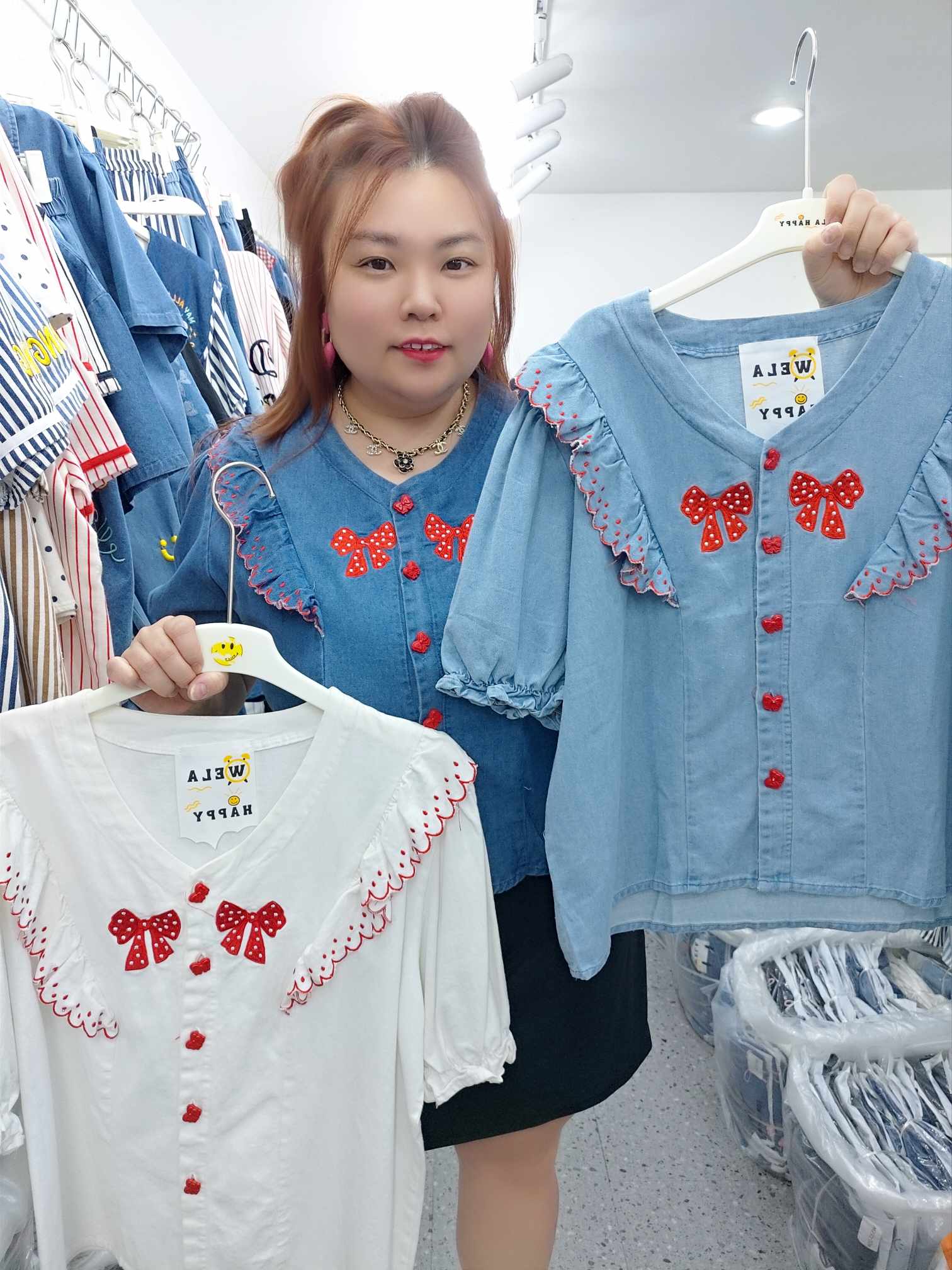 ENE05 波点蝴蝶结刺绣牛仔上衣