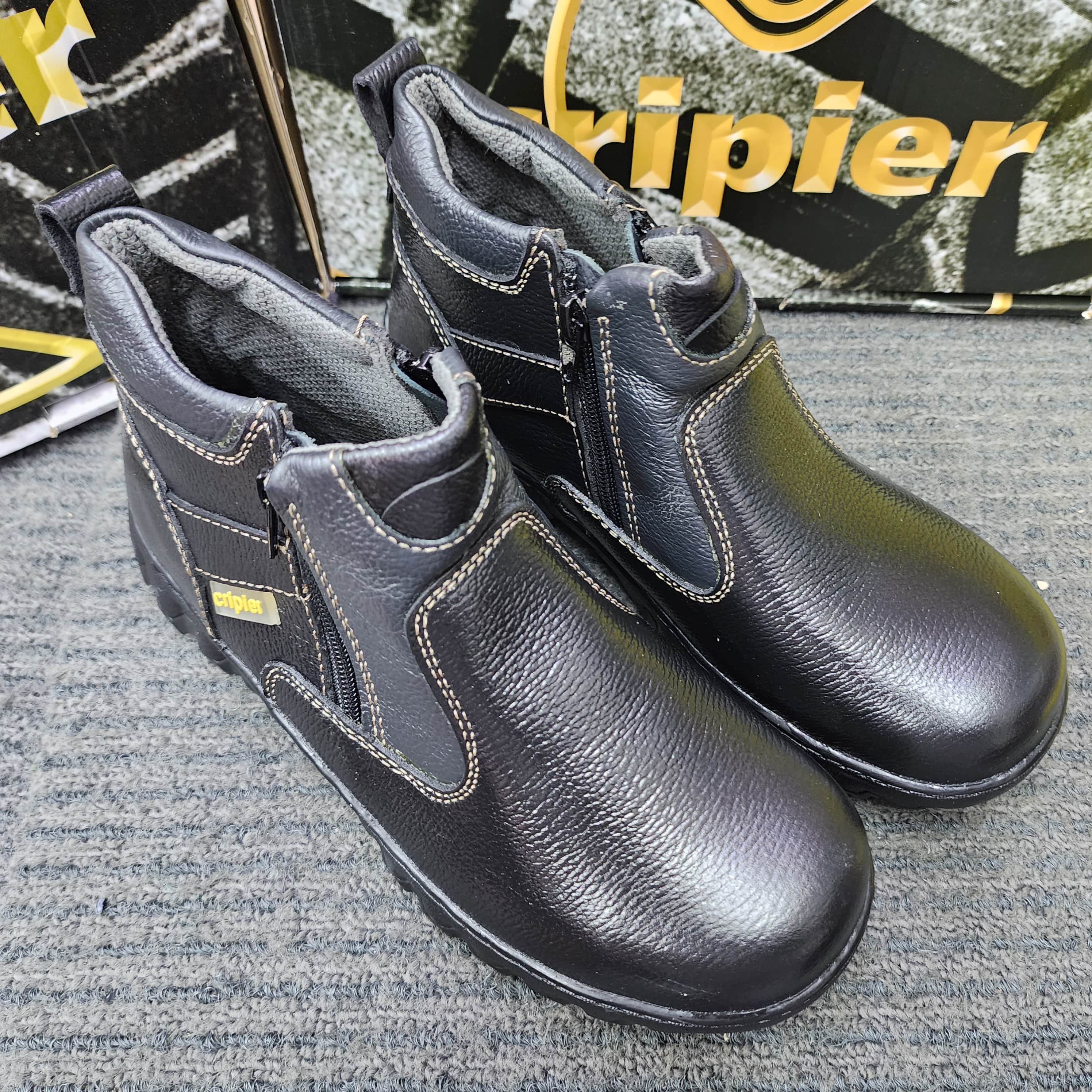 CRIPIER 6066 SAFETY SHOES DOUBLE ZIP MID CUT SIRIM DOSH Black Rubber Leather Kasut Keselamatan