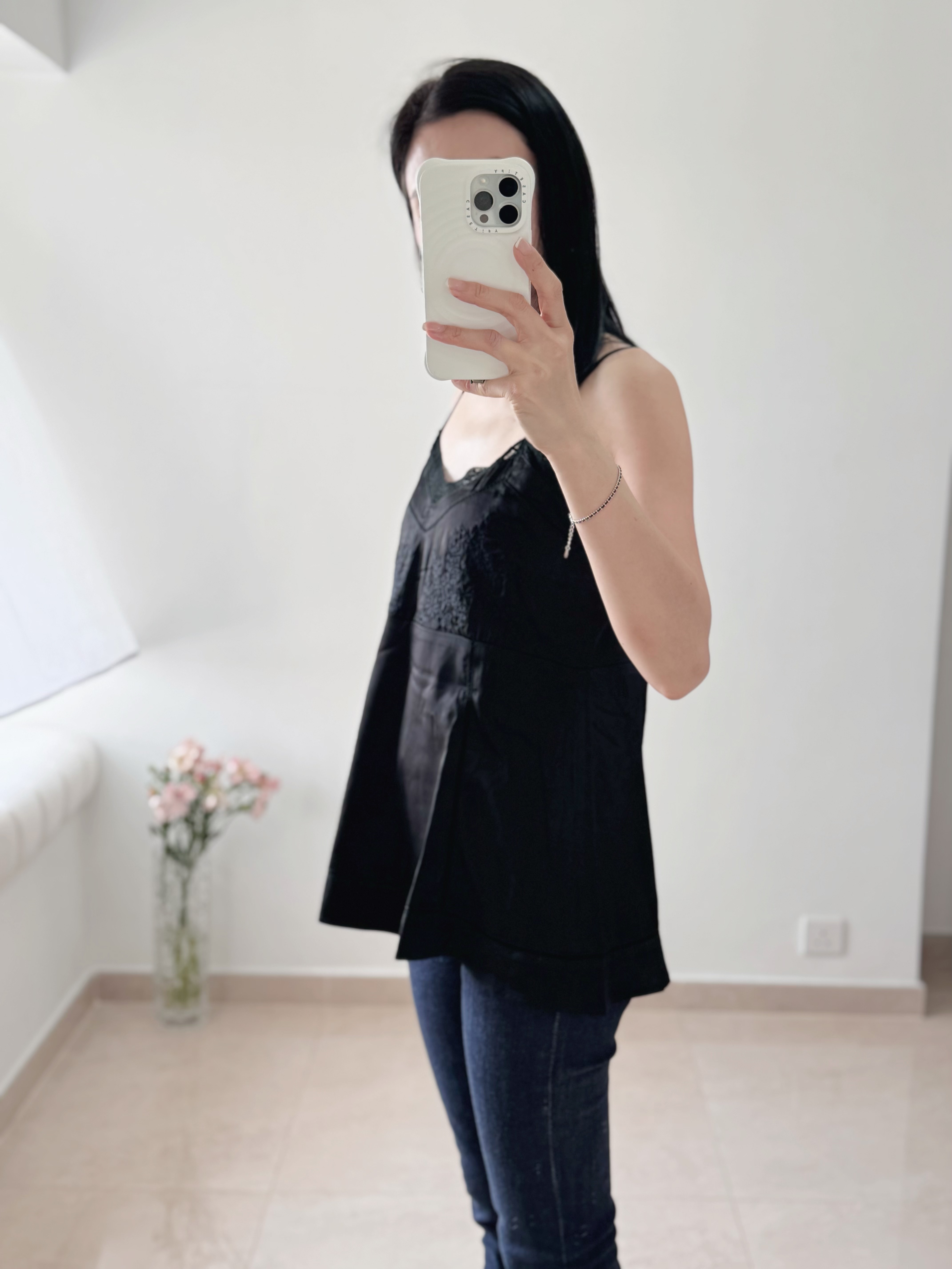 Elegant embroidered longline cami top (black)