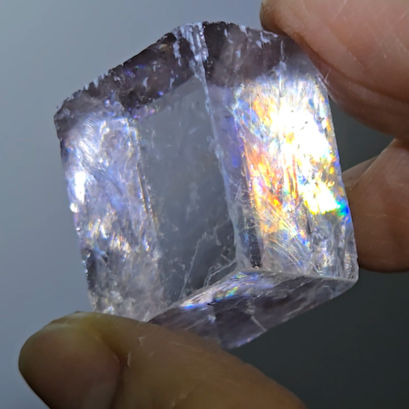 Purple calcite cube with rainbows - PC14