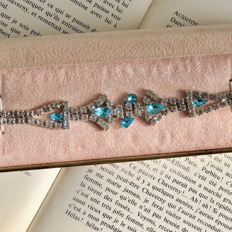 Vintage Mid-century Aqua and Clear Rhinestone Sparkling Evening Bracelet - 7" (MT1963-3)