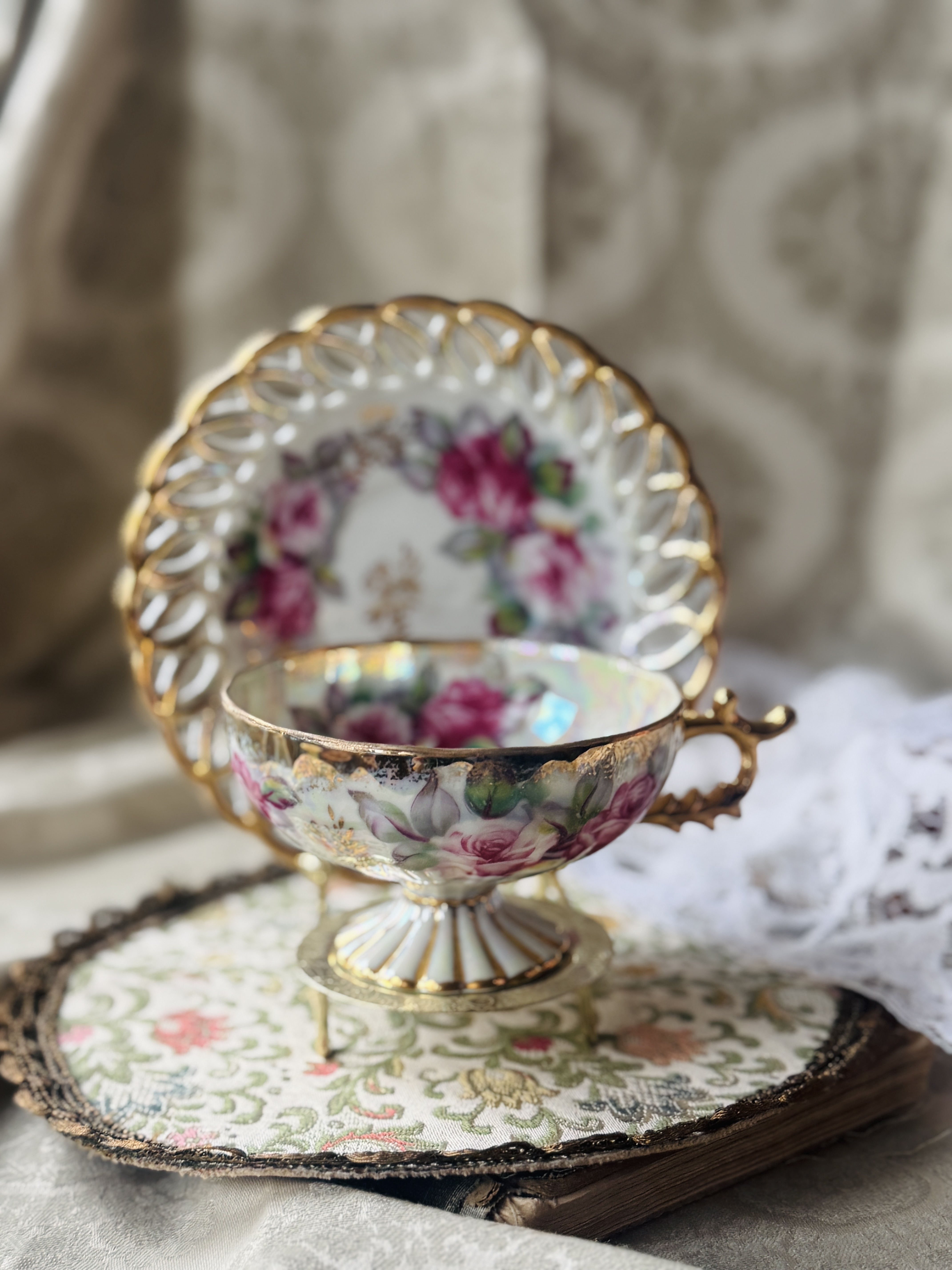 Vintage Mid-Century Castle Japan Floral Iridescent Tea Set Duo (MT2398)