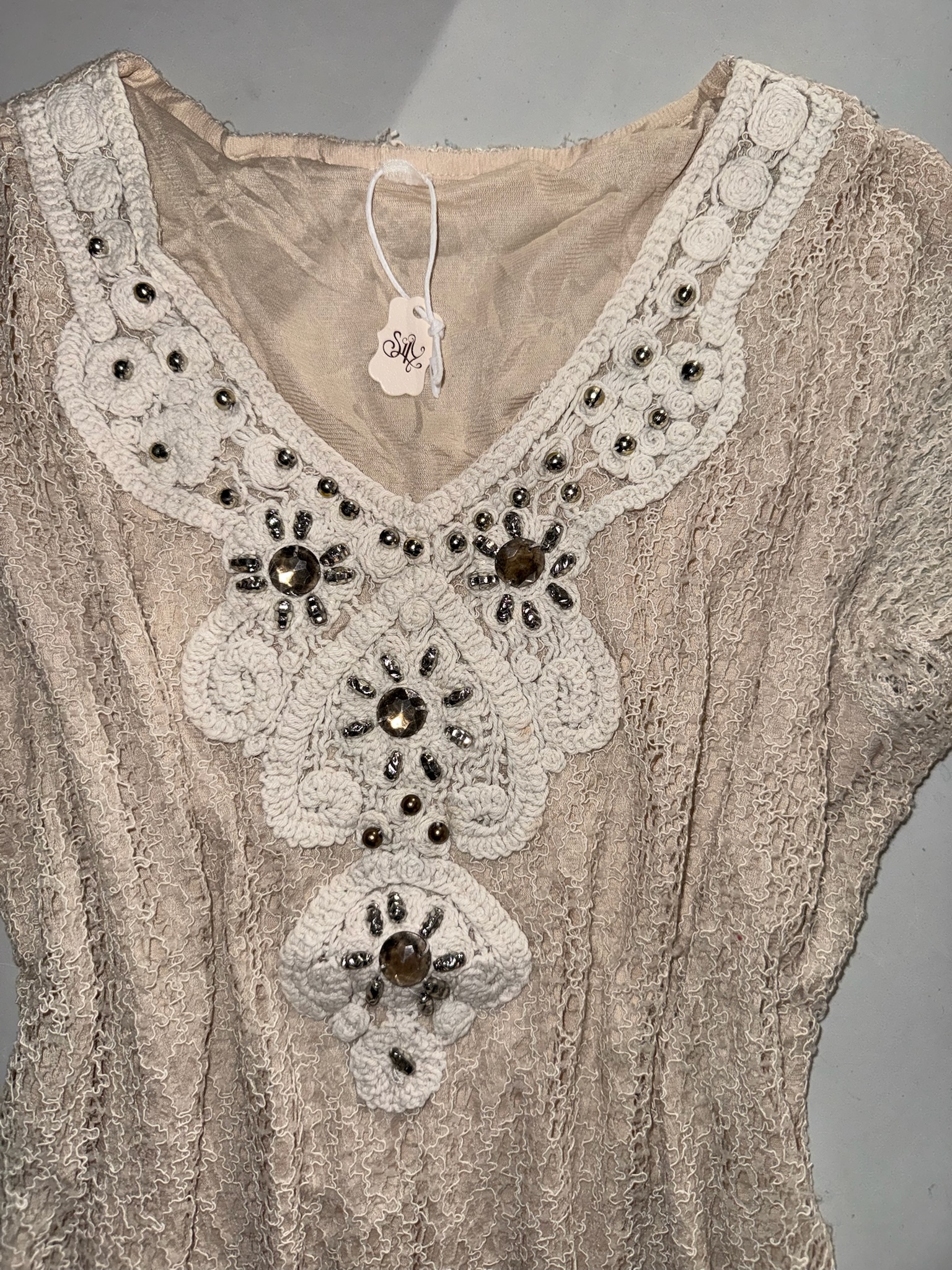 Gem-Embellished Crochet Neckline Crinkle Top