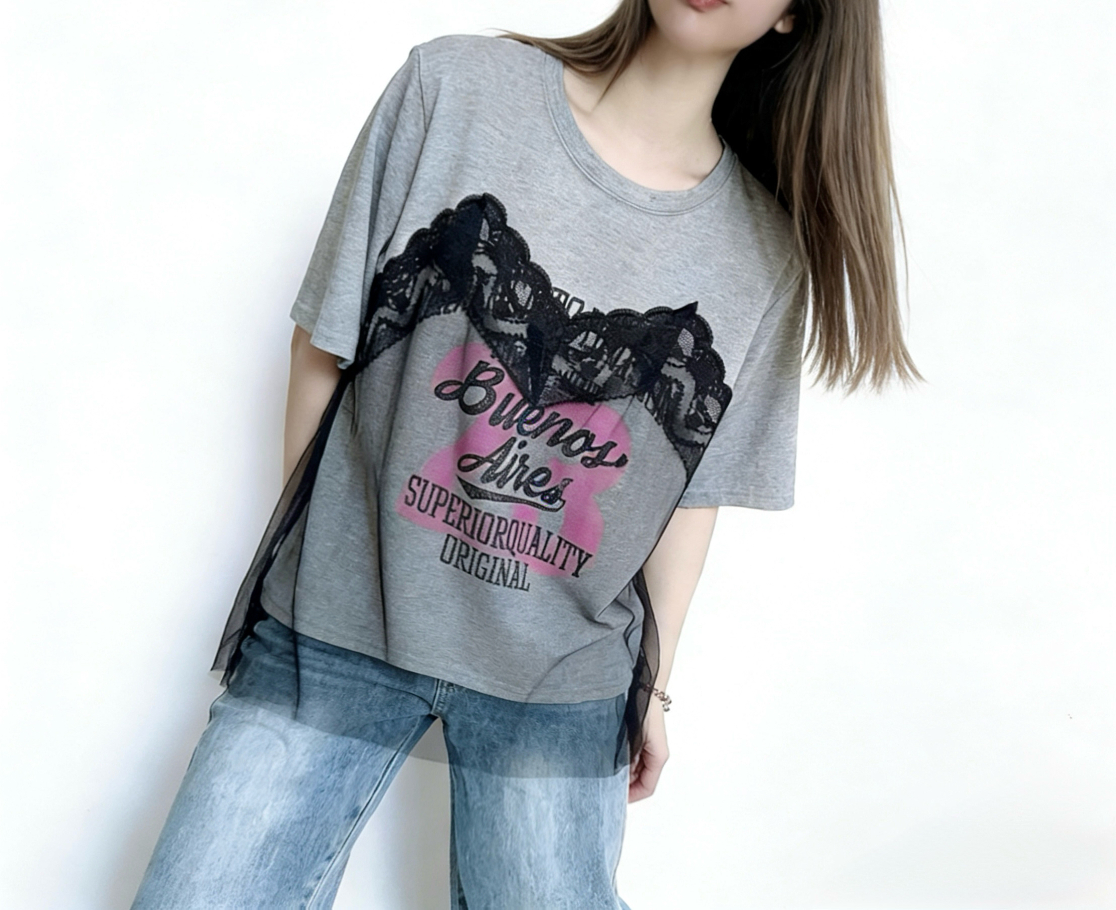 🌼初春優惠🍀 英文字拼LACE網紗Tee