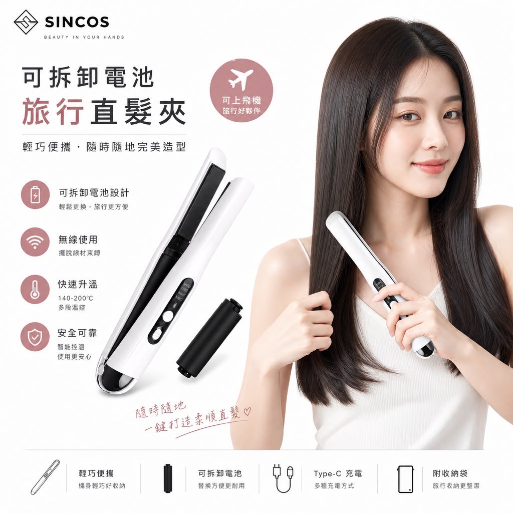 SINCOS S2可拆卸電池旅行直髮夾