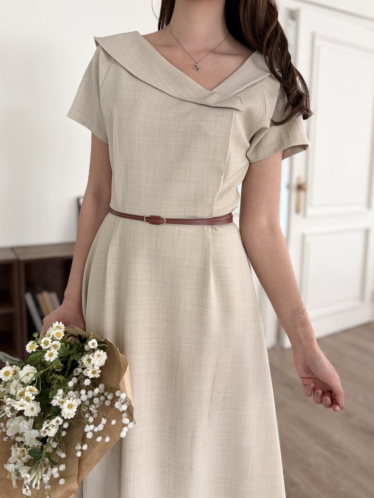 Sailor Collar Belted Dress (Beige)