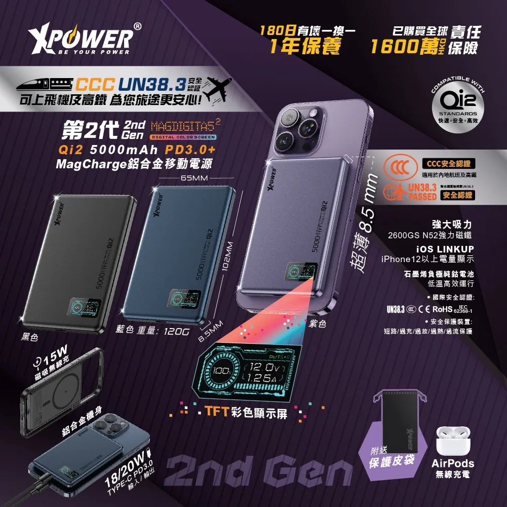 (3C認證版)(鋁合金面)XPower MagDigita5² 第2代彩屏顯示磨沙玻璃外殼 5000mAh PD3.0+QI2 磁吸移動電源