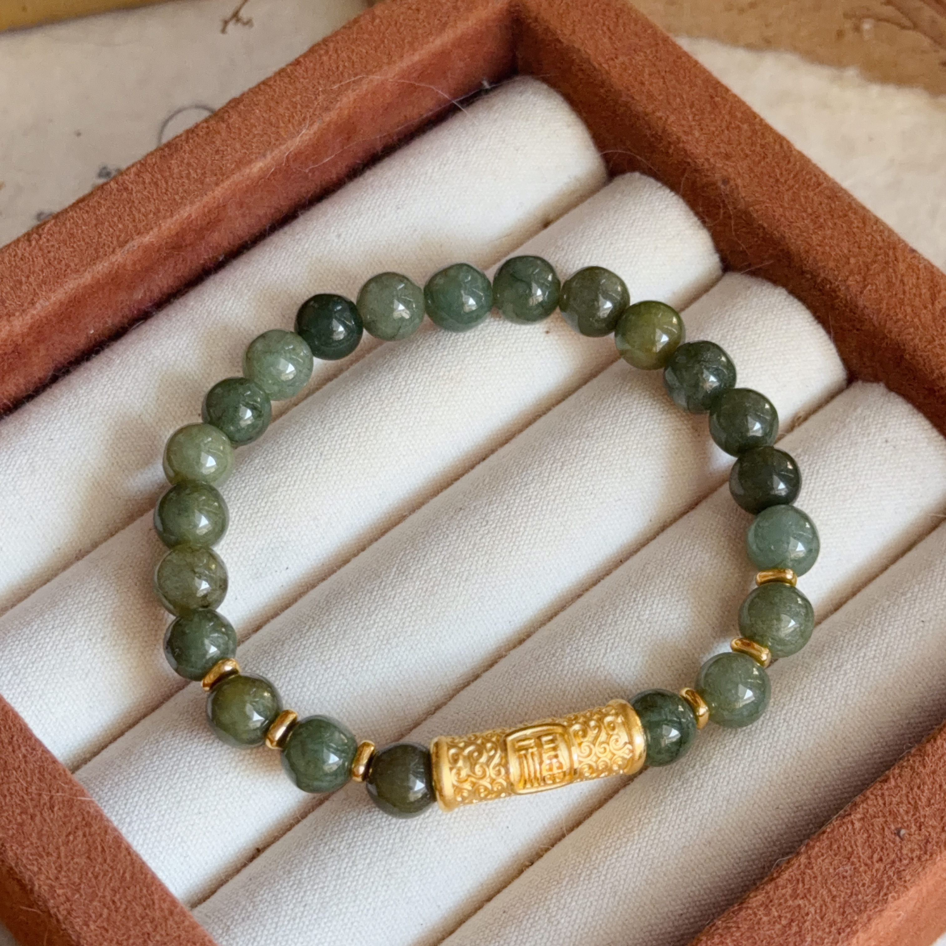 999硬金福字襯7mm+油青色翡翠珠手串