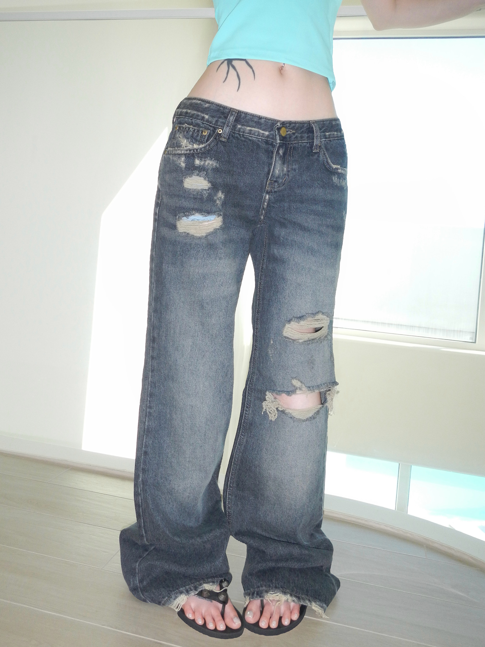 Washed Distressed Wide-Leg Denim