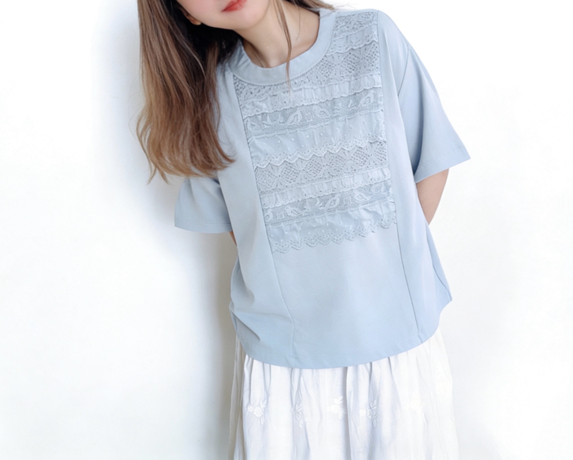 日系LACE刺繡Tee - 灰藍