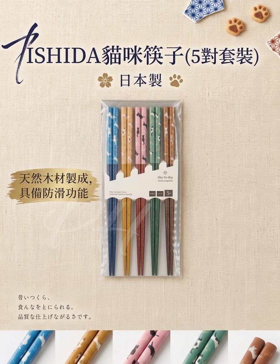 【預訂】日本直送 ISHIDA貓咪筷子(5對套裝)