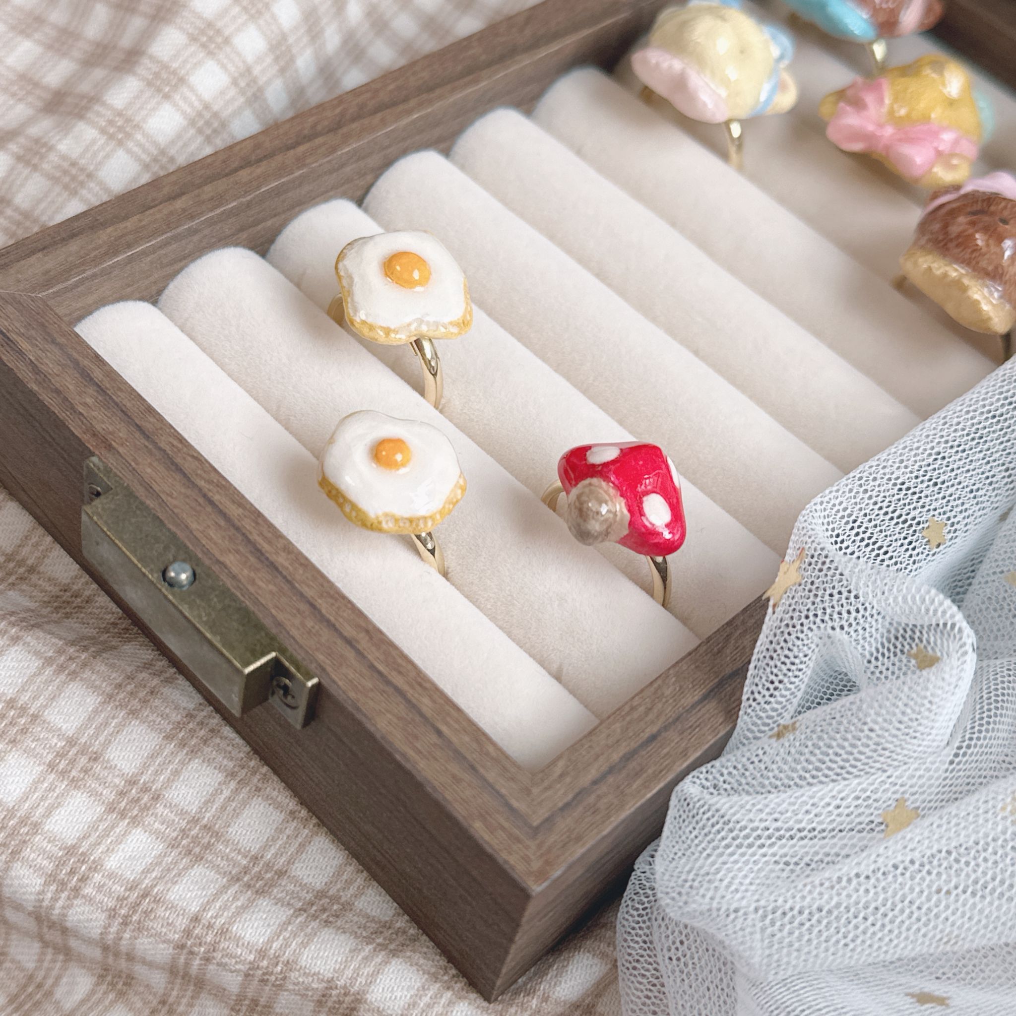 手繪煎蛋🍳蘑菇🍄‍🟫戒指 可調節鬆緊