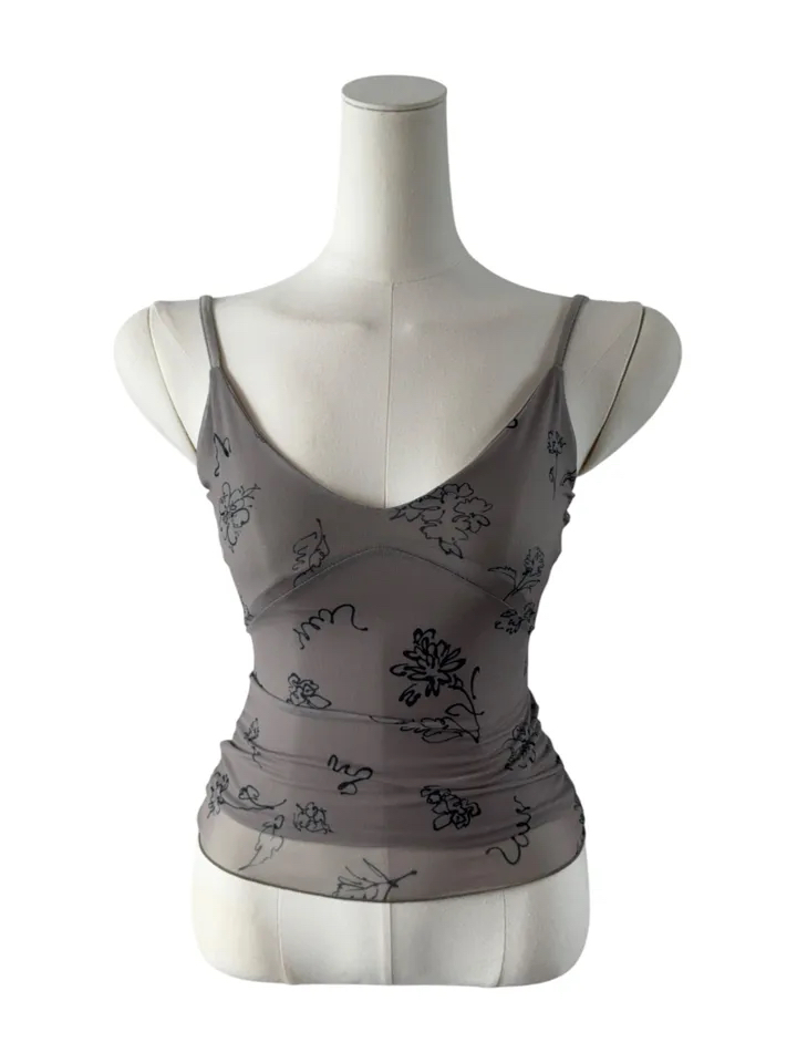 Abstract Floral Print Mesh Cami Top