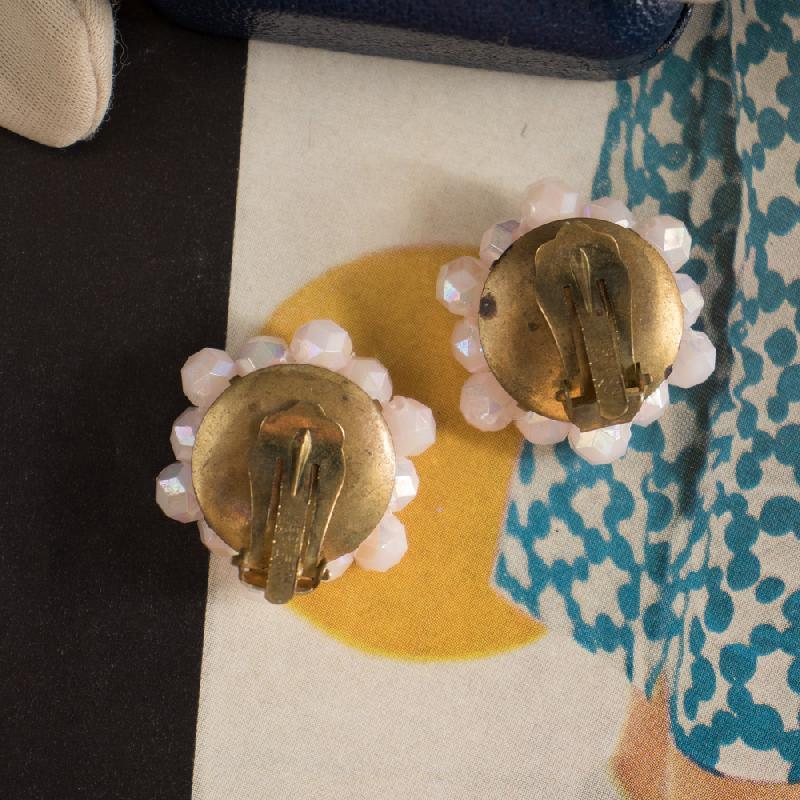 c.a. 1960s West German Pink Bead Clip Earrings (NA0737)
