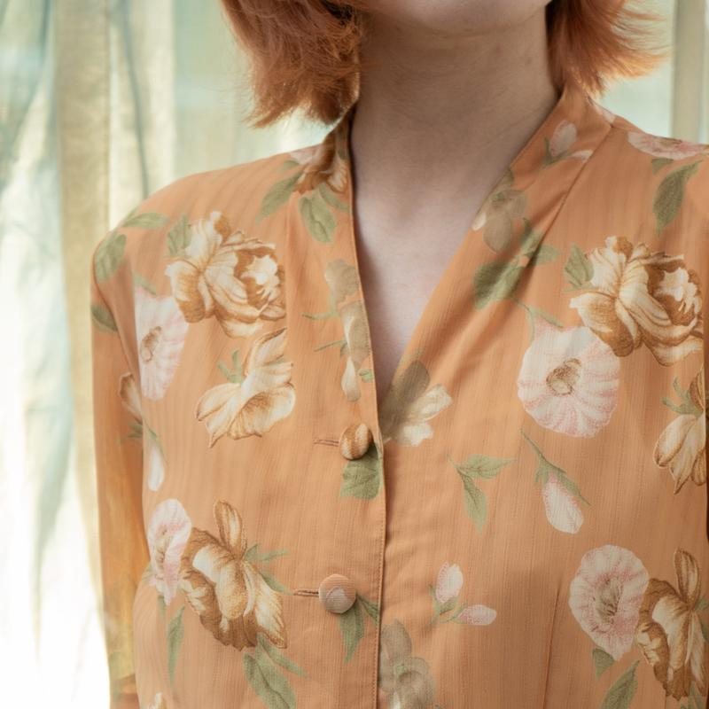 Vintage C.a. 1990s Light Tangerine Floral Pattern Button Up Summer Dress (MT1840-8)