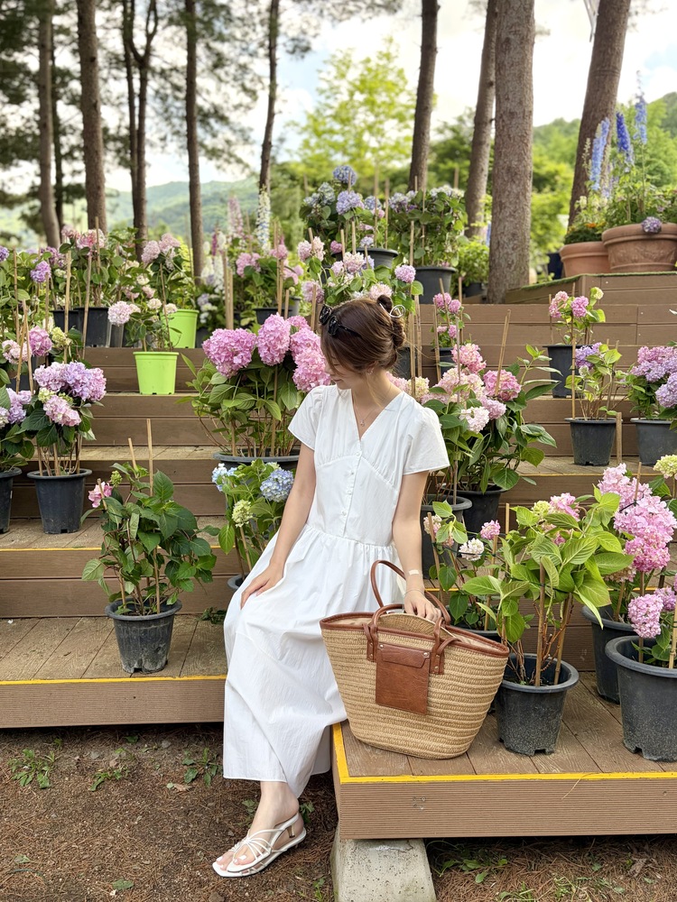 Airy Button Front Long Dress (White)