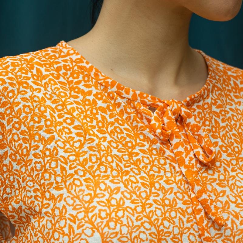Vintage Tie Collar Orange x White Bottom Floral Foliage Outline Dress Summer Fit and Flare Dress (MT1608-62)