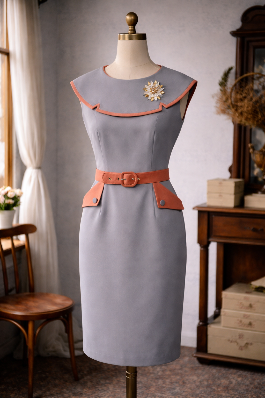 (Ready Made)1950s Summer Splendour Two Tone Cape Dress - Light Grey x Pink (FM191)