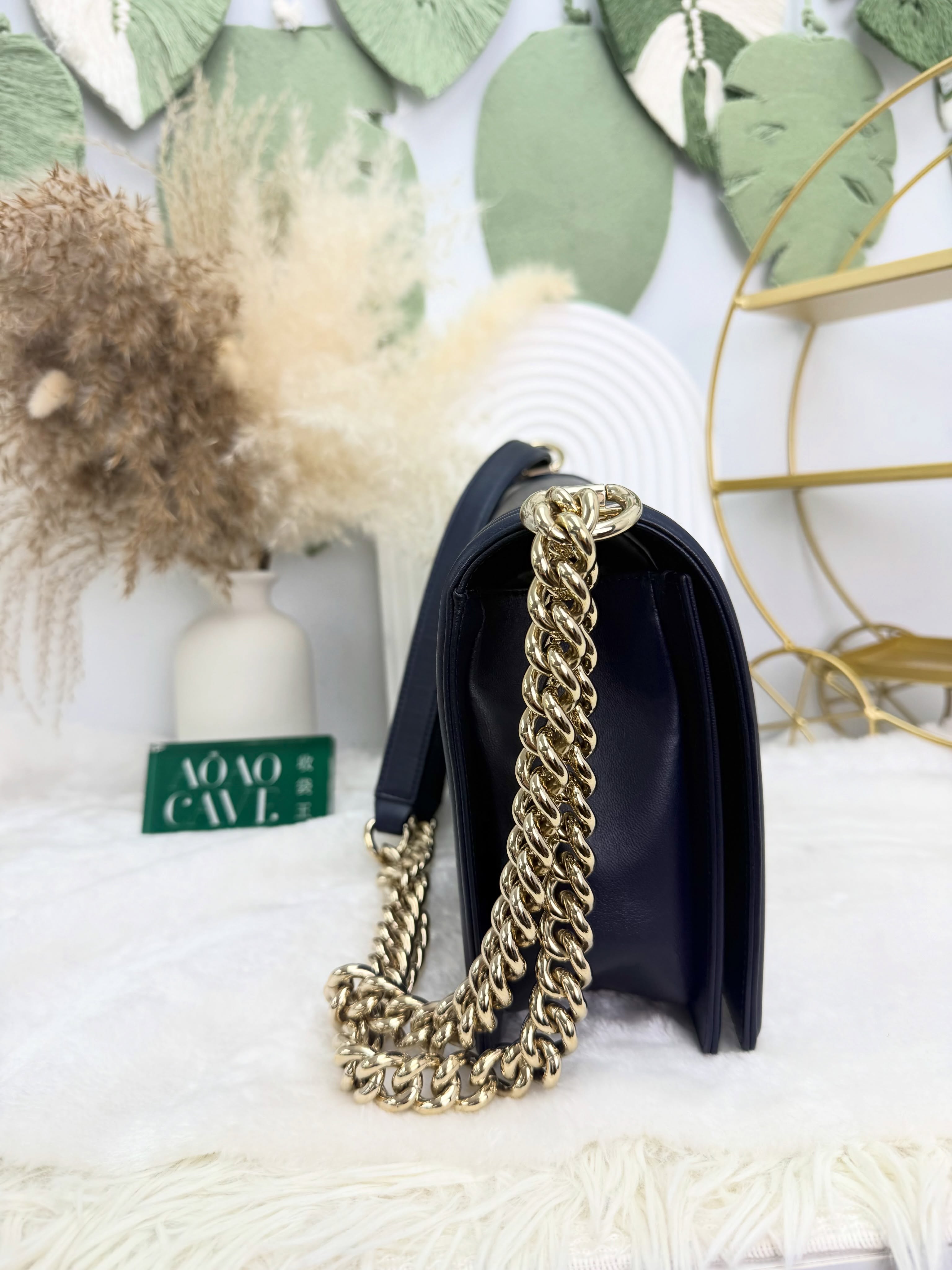 Chanel👜 PRE OWNED 🛍️藍色荔枝紋小牛皮菱格紋leboy 💙中大size 22開 有卡💼 