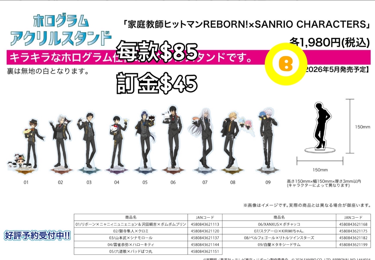 Preorder預訂5/2026年家庭教師x sanrio 立牌