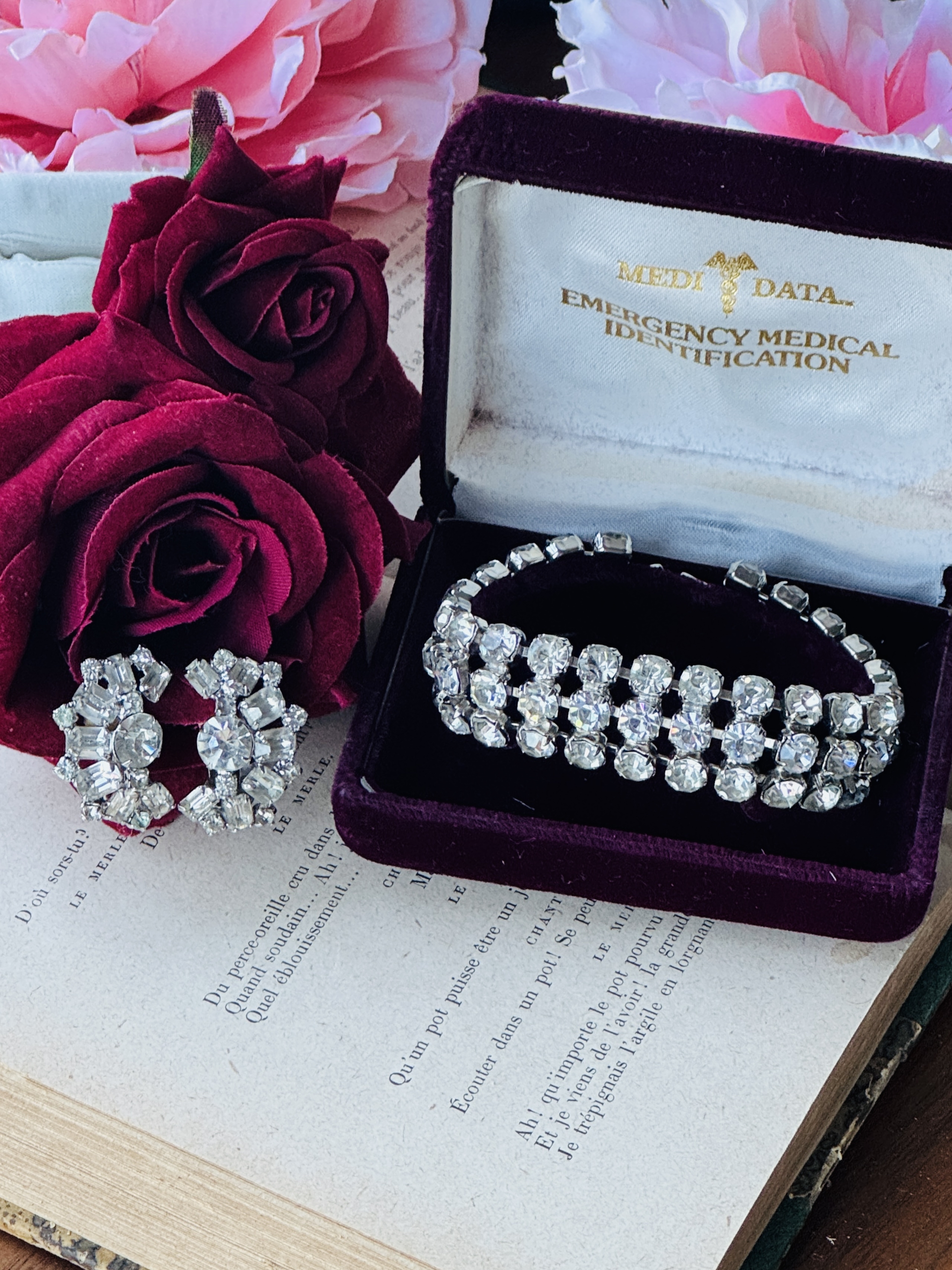 C.a. 1950s Continental Diamanté Bracelet and Clip Earrings Set in a Jewelry Box(MT2642)