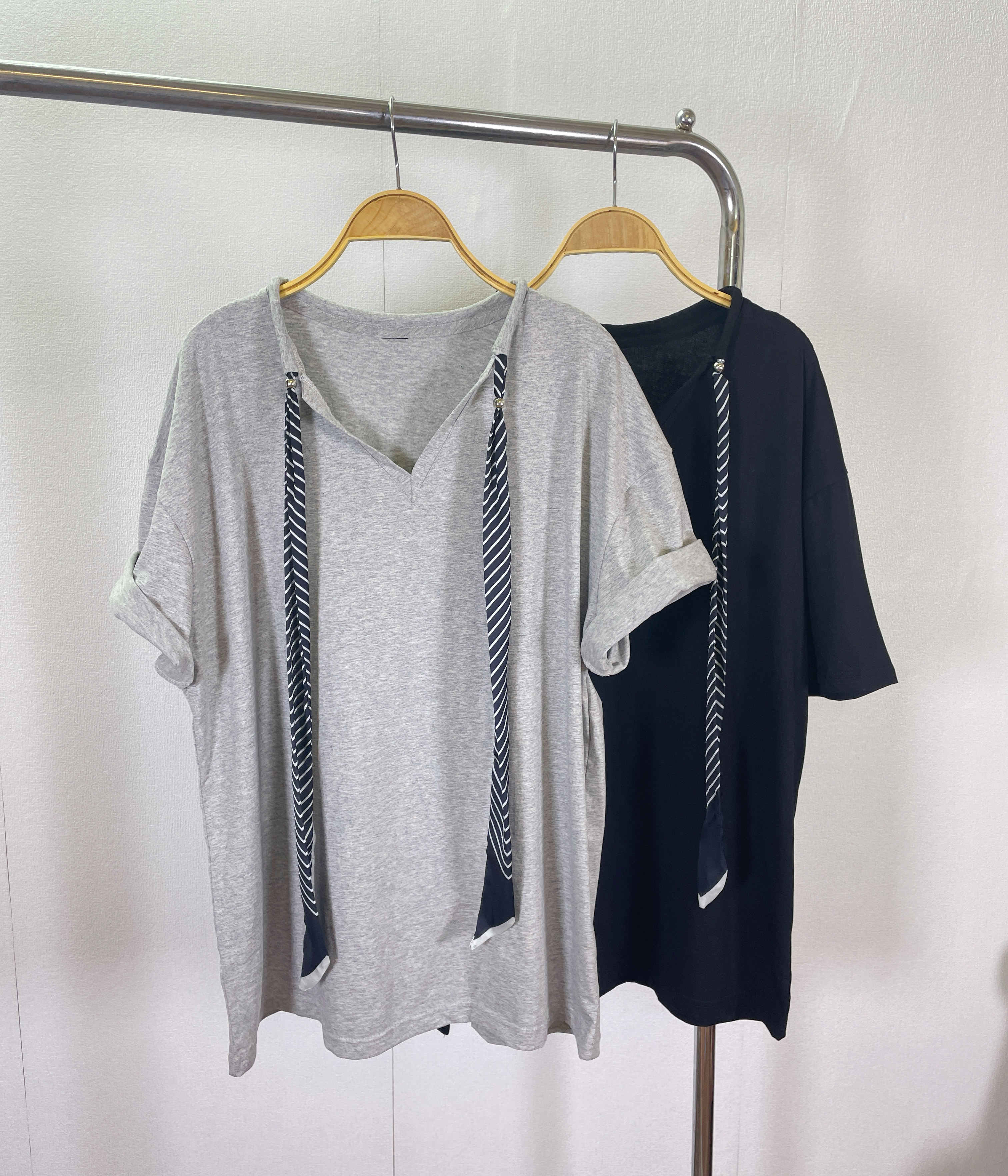 K5561 cotton拼絲帶領短袖tee