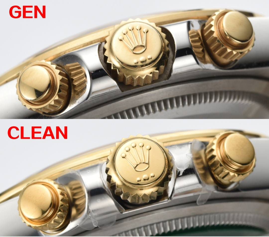 真假对比｜Clean厂 / C厂 126503（4131机芯） 🔥🔥🔥 间金黑面条钉 / 间金黑面钻钉（莫桑石） 本次对比依旧基于真品开模。C厂坚持每一款腕表都需购入真品进行拆解研究，而非单纯“看图做货”。这是我们一直以来对表友负责的基本原则。 此次推出的 126503 新款，最大亮点在于全新的 369 表盘设计： ✅表盘中心采用放射纹工艺 ✅边缘圆环区域则使用细腻的磨砂处理 ✅在外圆内侧还增加了一圈 约 30° 角度的抛光亮边 这些细节并非肉眼即可轻易判断，只有在完整拆解真品后才能准确还原，本次也都一一进行了复刻。 钻钉版本依旧采用 莫桑石 制作，在亮度与切工层面保持稳定表现。 从整体对比图中可以直观感受到 C厂在细节处理上的投入。高制作成本也意味着成品标准更高，因此在价格层面相较部分同类产品会略高一些，这一点也希望大家能够理解。 值得一提的是，C厂几乎会为每一种配色单独购入真品进行开发，因此其真假对比往往也是最完整、最真实的。同时，部分款式因工艺要求较高，会经历多轮反复修改，个别零部件的开发周期甚至以“年度”为单位计算。 我们的原则始终明确： 真品开模，做不到位，绝不出货。 宁缺毋滥，这从来不是一句口号。