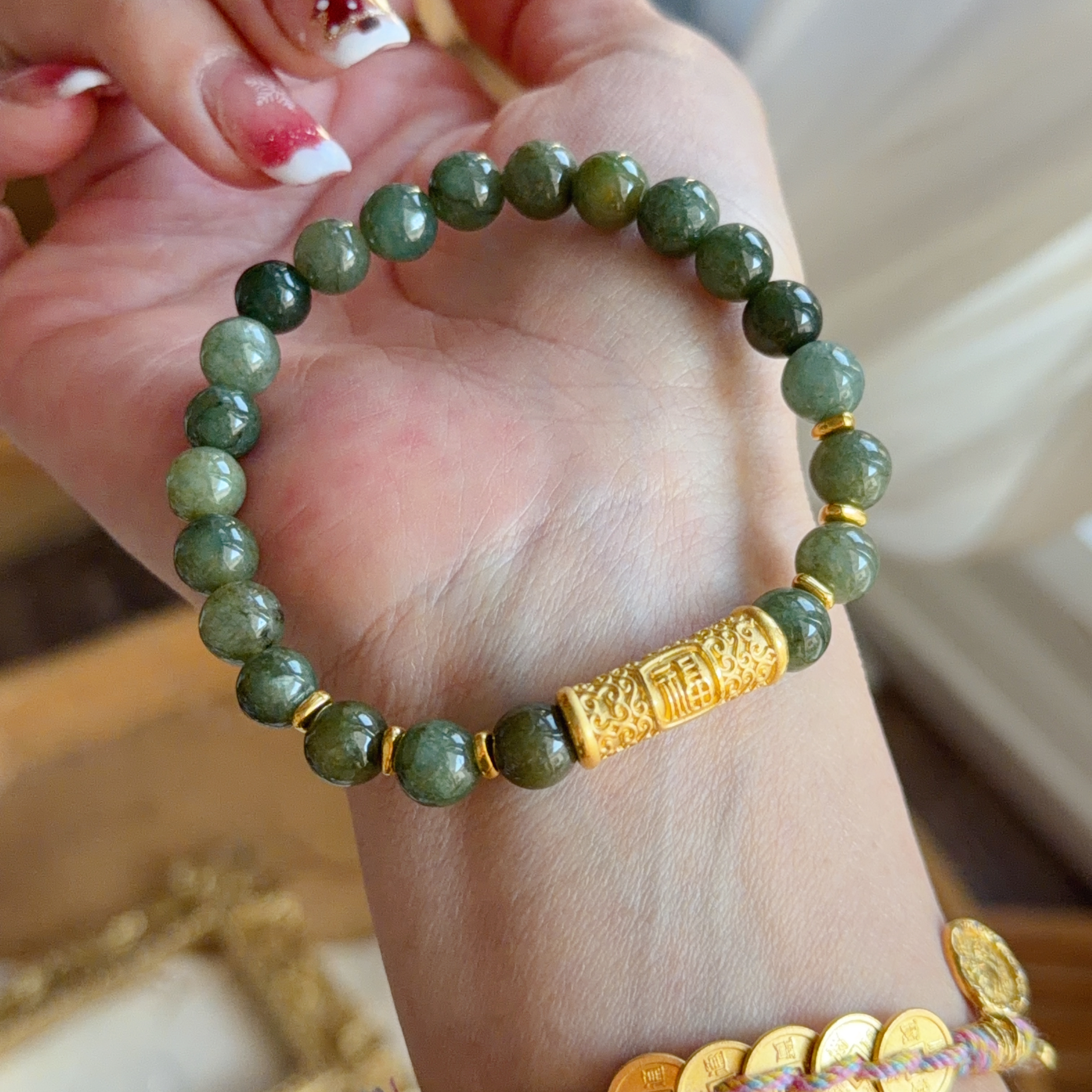 999硬金福字襯7mm+油青色翡翠珠手串