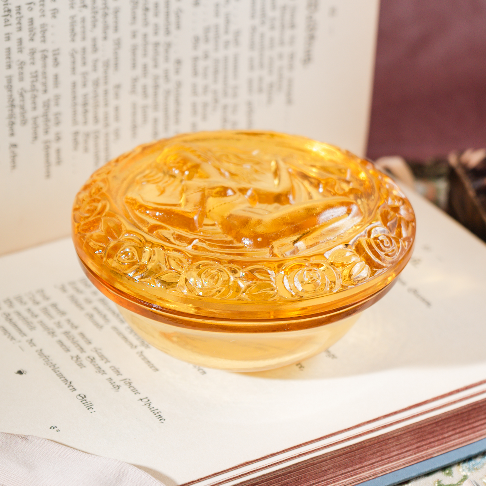 Rare! C.a. 1960s New Old Stock West German Goddess Sculpture with Rose Trim Amber Glass Trinket Box( MZ017)