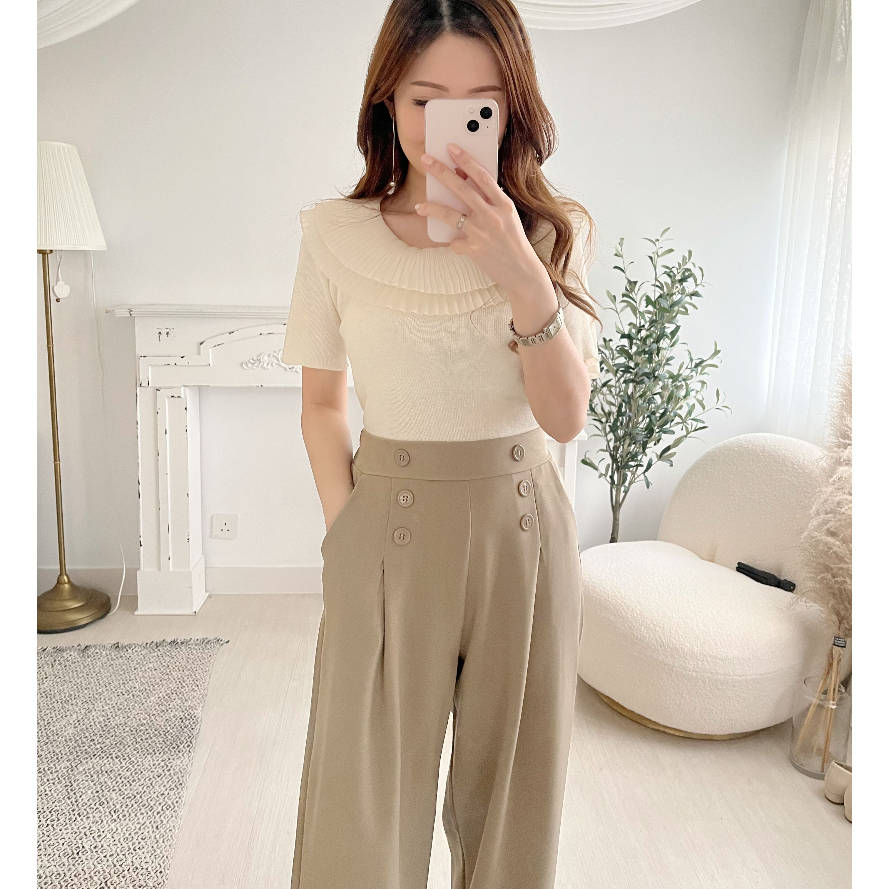 百搭知性の選💮排鈕闊腳長褲 (KR) 卡其色