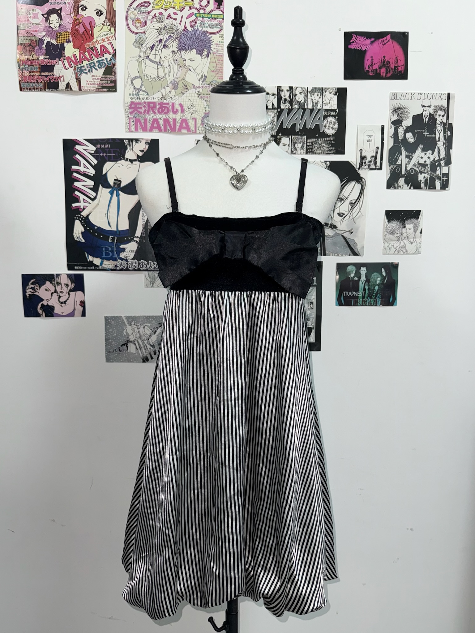 Black and Silver Striped Cami Dress with Big Bow