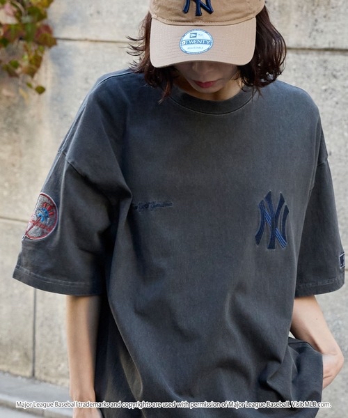 日本直送MLB刺繡T恤  MLB/美國職棒大聯盟 定製 徽章刺繡 復古加工短袖T恤男女可穿