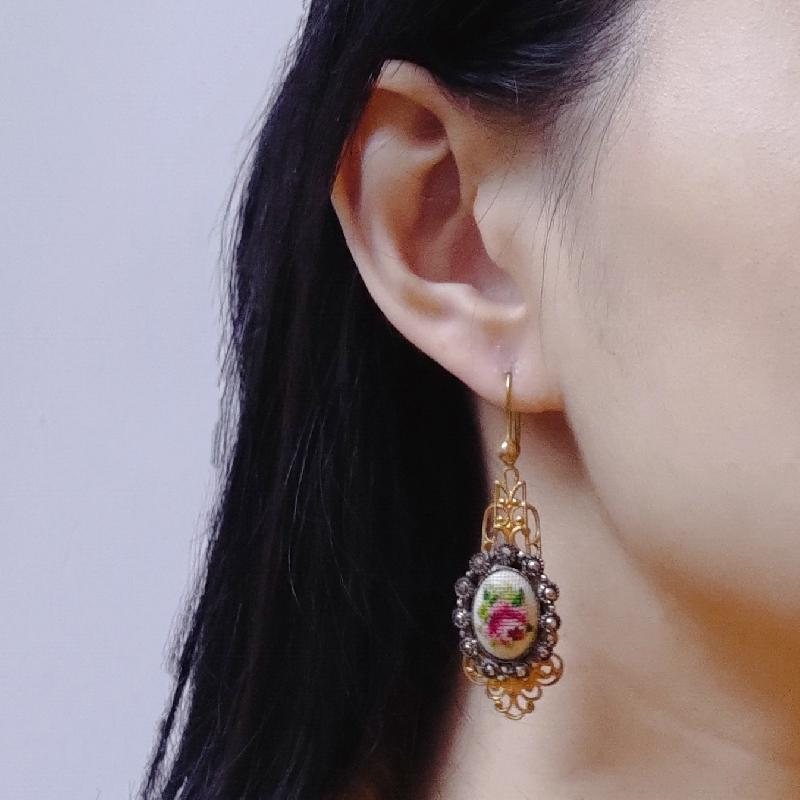 Vintage Rose Petit Needlepoint Hook Earrings - Recomposed New Old Stock (NZ006-1)