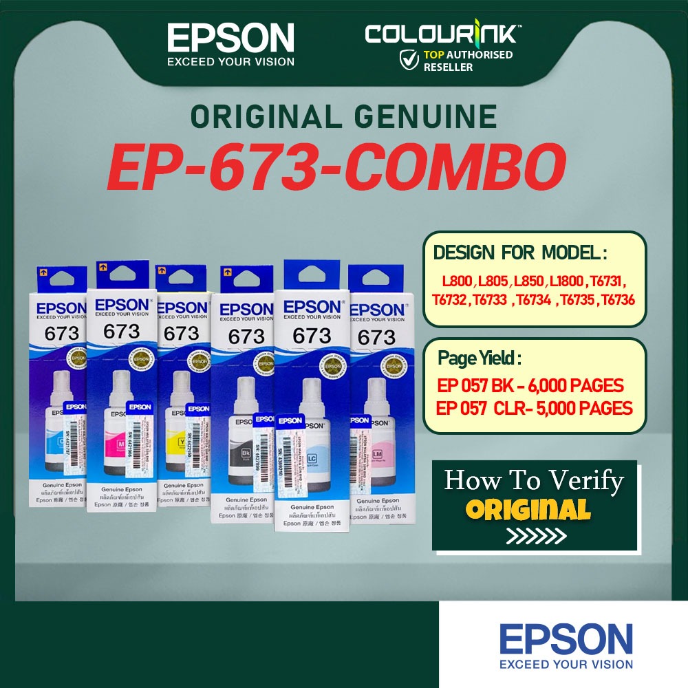 Epson Original Genuine T673 Refill Ink Bottle 70ml L800｜L805｜L850｜L1800 T6731 T6732 T6733 T6734 T6735 T6736