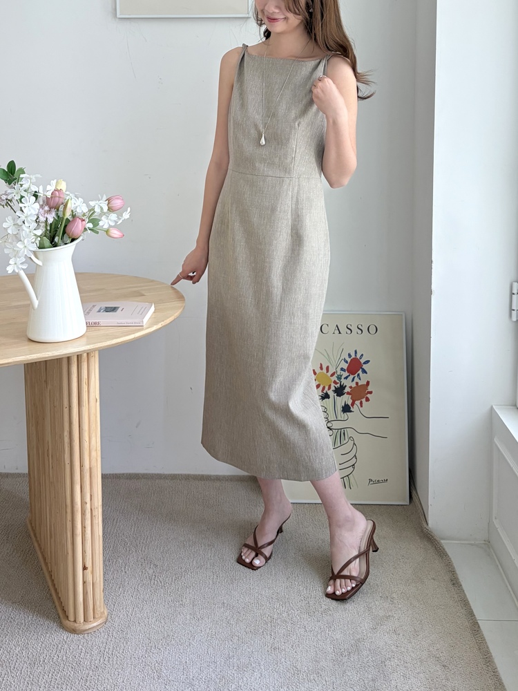 Linen Blend Twisted Strap Dress (Mocha)