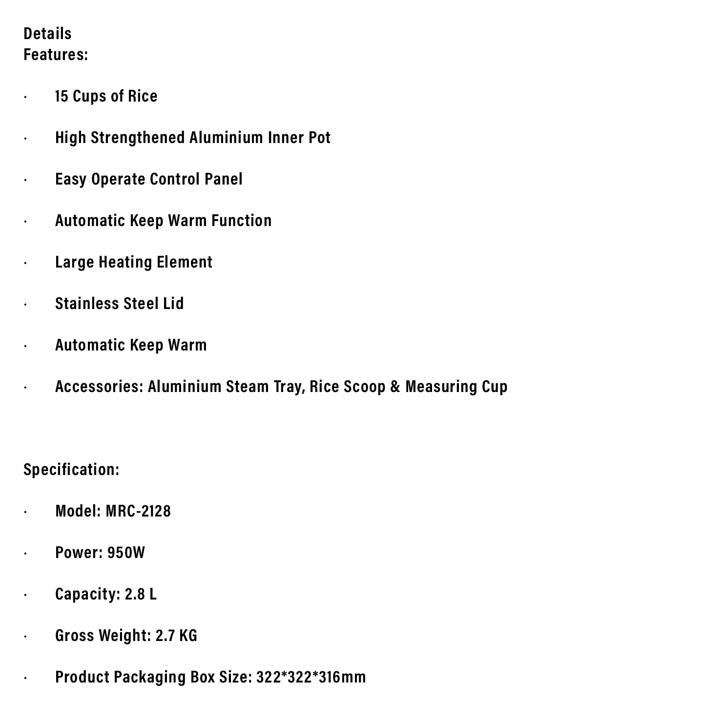 Milux 1.8L Conventional Rice Cooker with Steamer (MRC-2118)