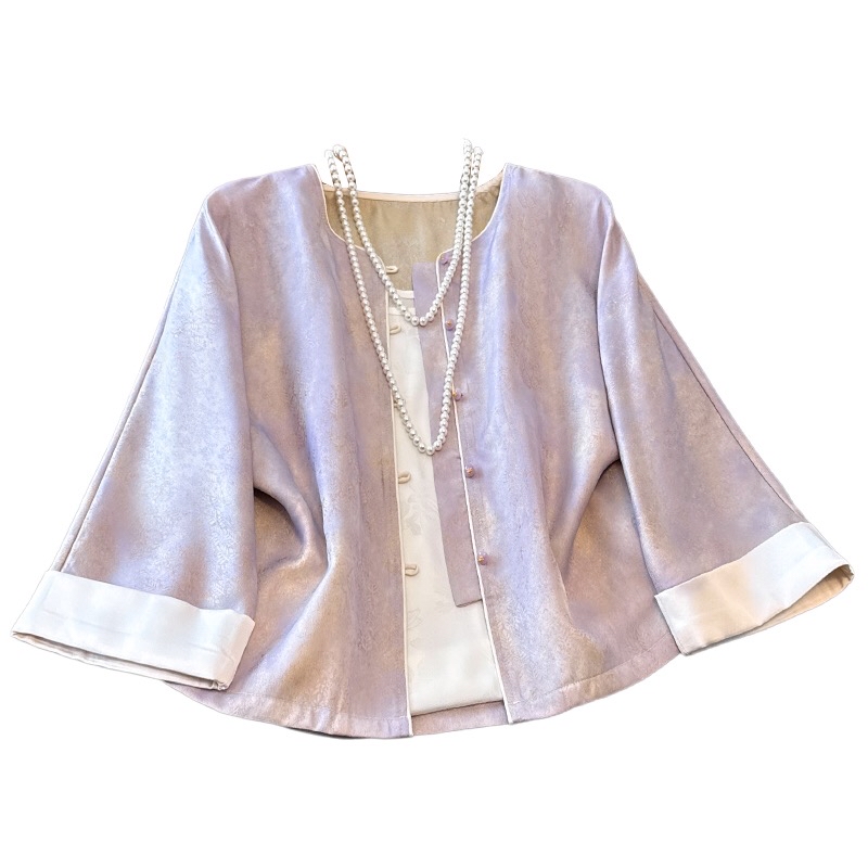 B70(0198衣) 新中式人丝面料提花卷边袖前排珠子紫开衫上衣