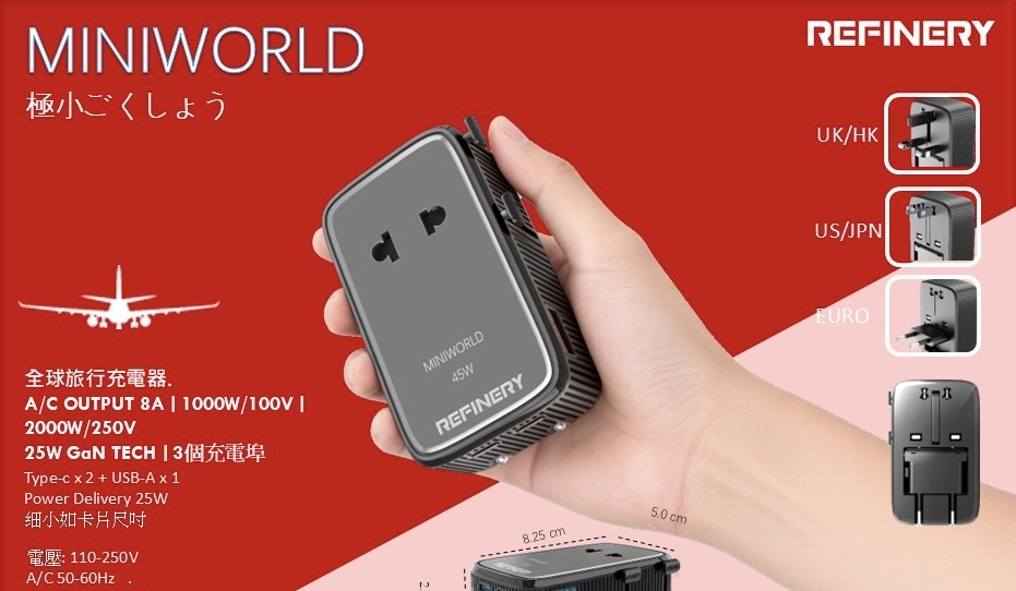 全球🌎最細小的旅行充「MINIWORLD 」現巳發售   1)MINIWORLD-25W  🌏適用於世界各國 🌏英規、歐規、日本、韓國、美國、中國…. 等二百幾個國家都適用 🌏極細粒，卡片大小 🌏尺寸:8.5x5x2.65cm 🌏內置8A保險絲Fuse  🌏電壓：100～250V 🌏電流：8A/Max 🌏頻率：50-60HZ  💎3個充電位（PD25W) 💎USB-Cx+USB-Ax1 💎USB-C1 輸出：25W 💎USB-C2輸出：25W 💎USB-A輸出：：18W 💎共輸出：25W
