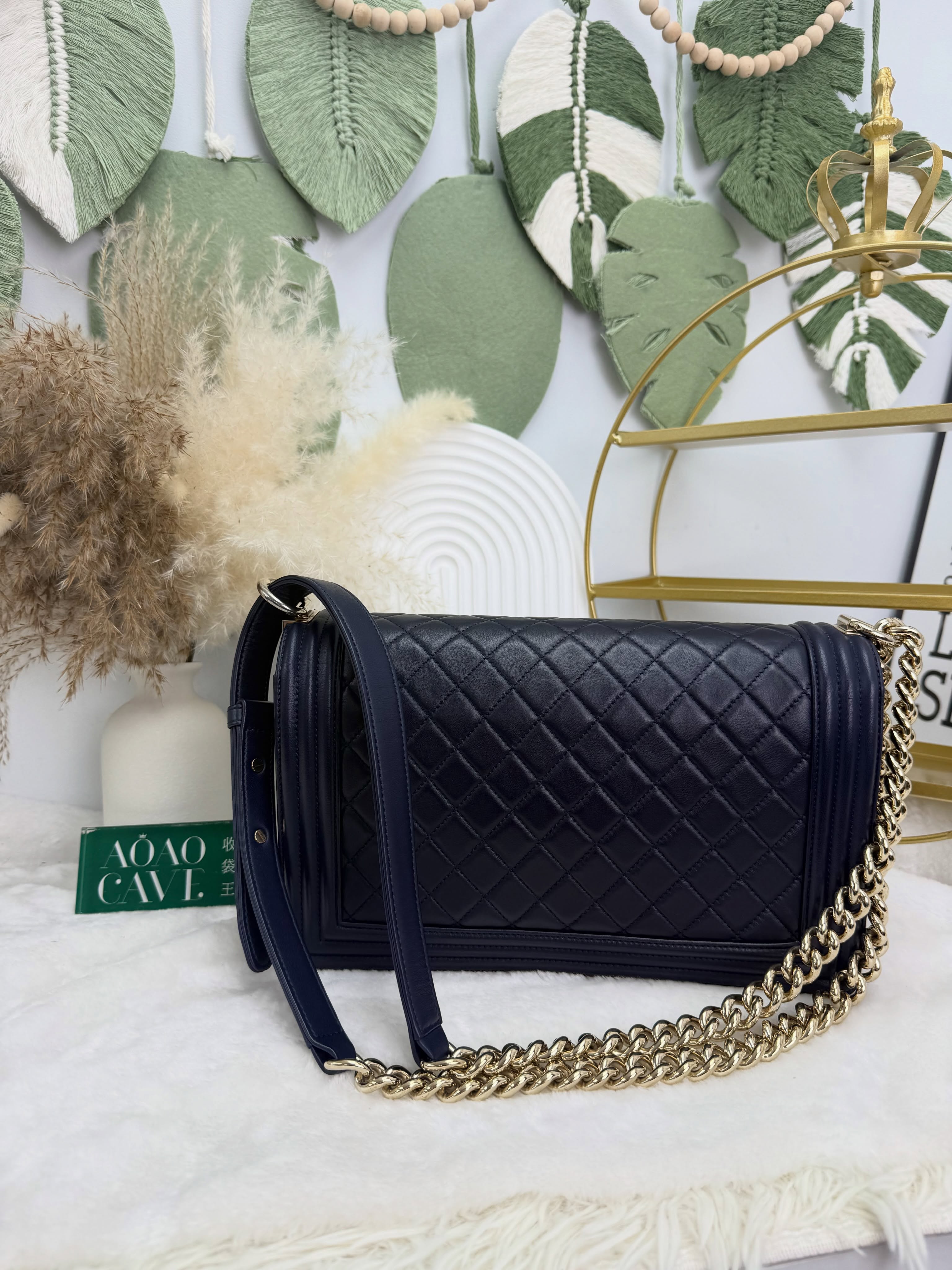 Chanel👜 PRE OWNED 🛍️藍色荔枝紋小牛皮菱格紋leboy 💙中大size 22開 有卡💼 