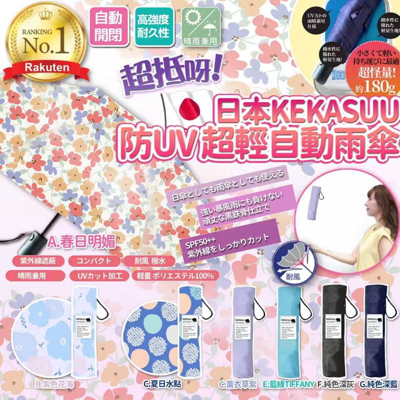 【預訂】日本 SS26 Kekasuu 防 UV 超輕自動雨傘