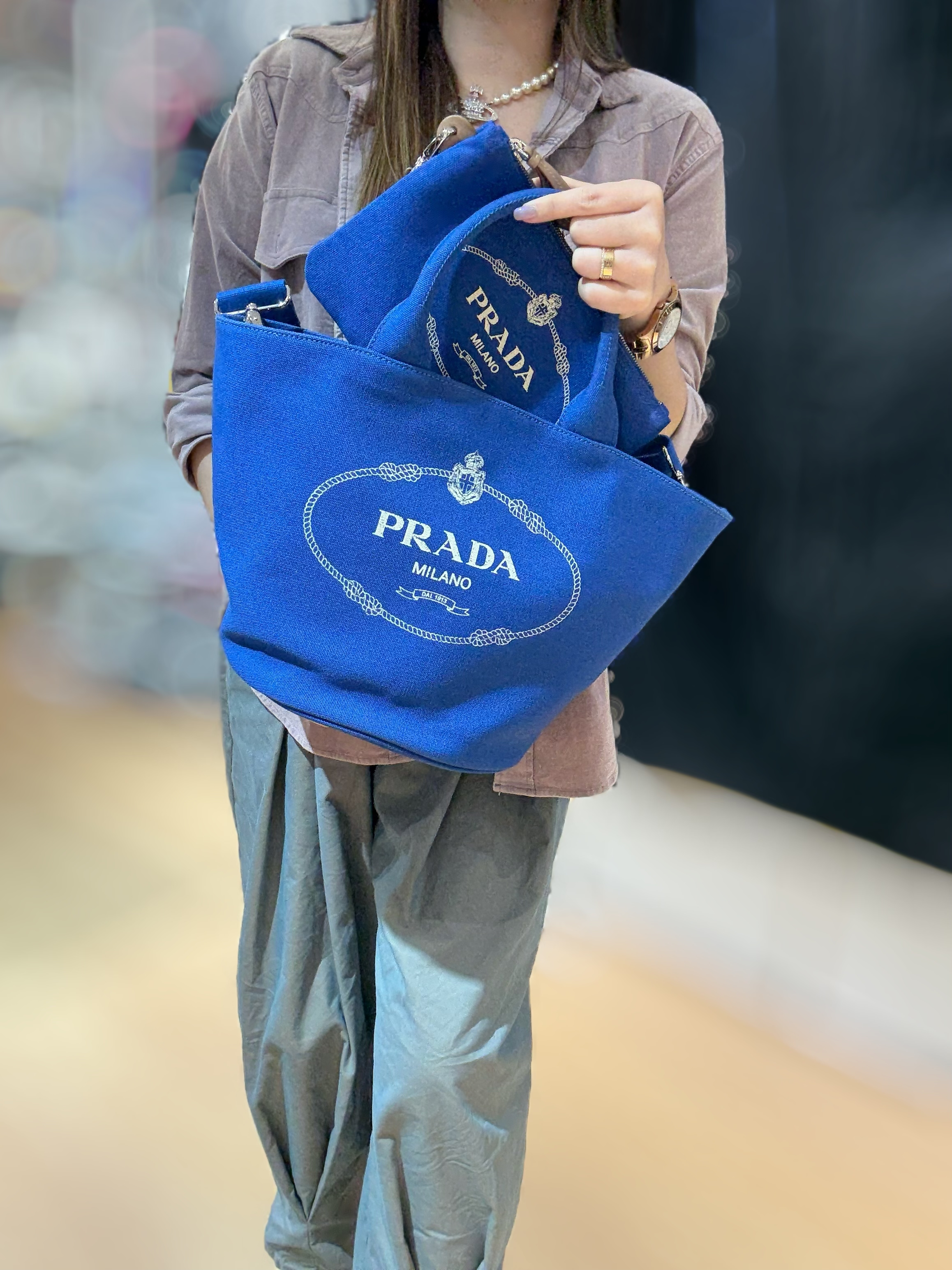 Prada canvas bag with pouch blue