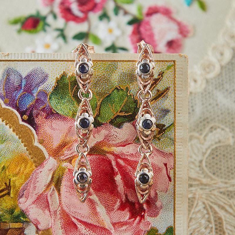 Italian Handcrafted Long Drape Genuine Sapphire Gold Plated Over Silver Floral Pierce Earrings(NHMA11)