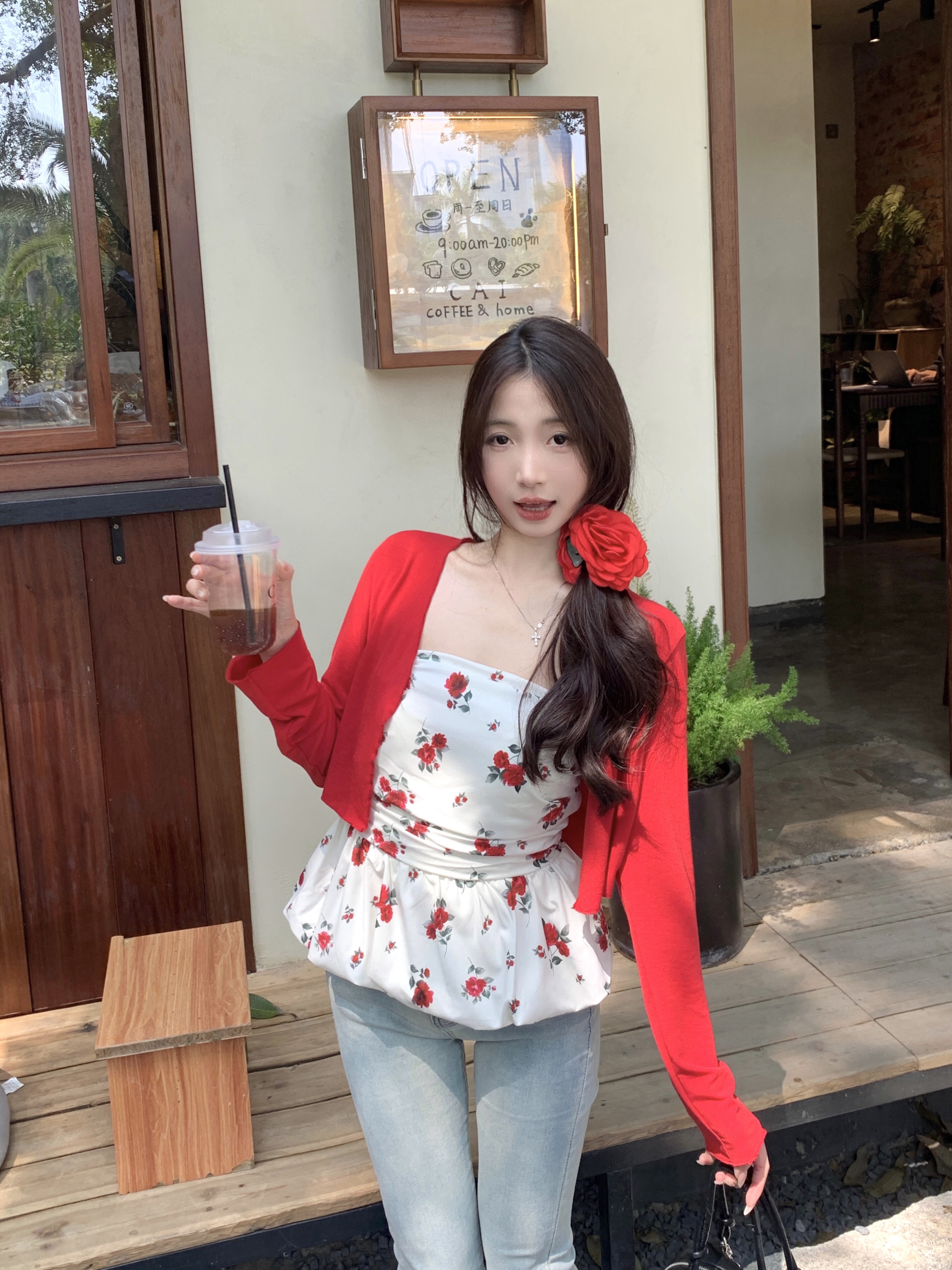 B193(5036) 韩系复古碎花下摆花苞边抹胸上衣与开衫红两件套上衣 