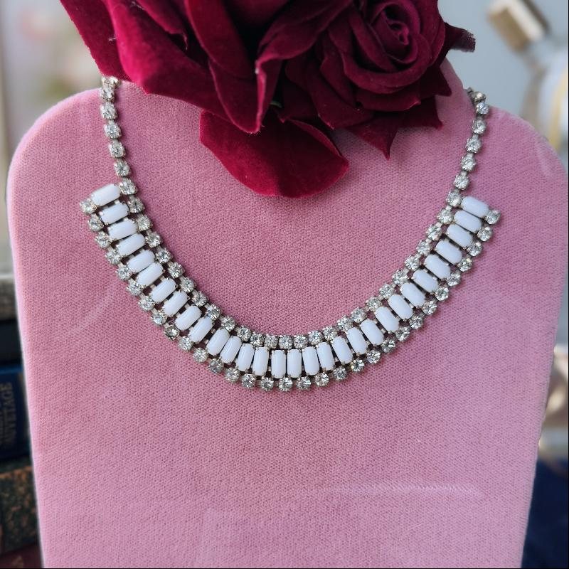 Vintage 1950s Sparkling Rhinestone Milk Glass J Clasp Day & Night Necklace - Adjustable Length (MT2140)